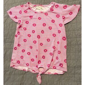 BTween Girls Short Sleeve Top Pink White Striped Floral Knot Tops Size 7/8